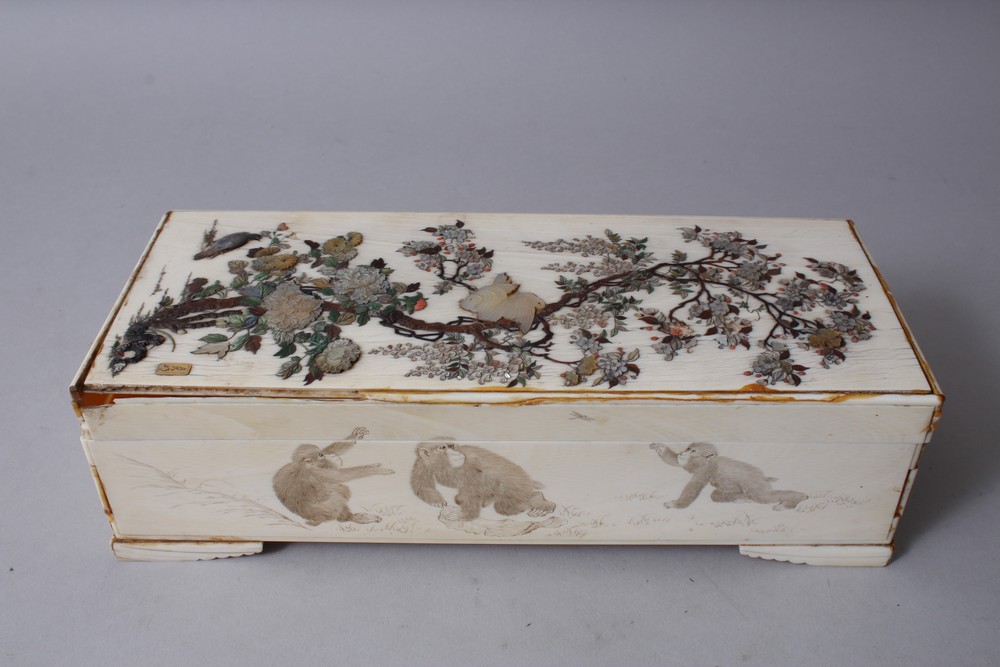 A JAPANESE MEIJI PERIOD CARVED IVORY & SHIBAYAMA MONKEY BOX & COVER, the lid decorated using - Image 2 of 7