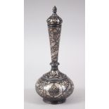 A VERY GOOD 18TH-19TH CENTURY INDIAN BIDRI PERFUME BOTTLE AND COVER with silver inlay of flowers,