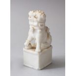 AN 18TH / 19TH CENTURY DEHUA / BLANC DE CHINE WATER DROPPER OF A LION DOG, seated upon a box