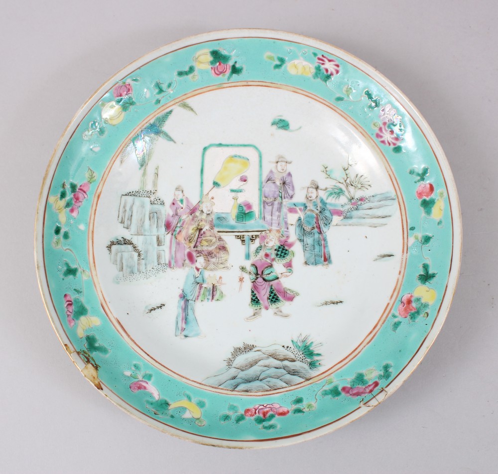 A 19TH CENTURY CHINESE TURQUOISE FAMILLE ROSE PORCELAIN DISH, the plate decorated with scenes o