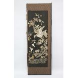 A GOOD JAPANESE LATE MEIJI PERIOD GOLD & SILVER THREAD EMBROIDERED SILK PANEL, the panel depicting