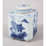 AN EARLY 18TH CENTURY CHINESE BLUE & WHITE PORCELAIN TEA CADDY & COVER, the body of the square