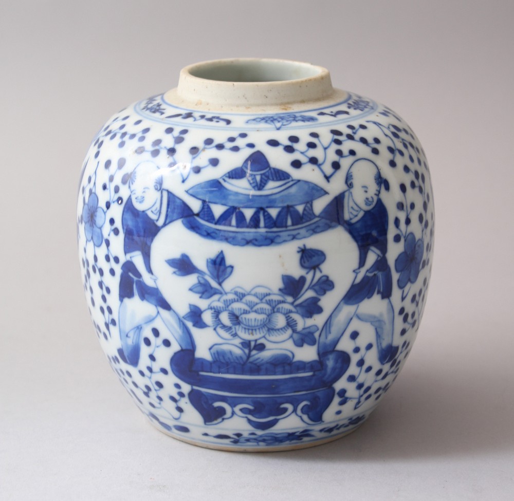 A 19TH CENTURY CHINESE BLUE & WHITE PORCELAIN GINGER JAR, decorated with scenes of boys, birds and