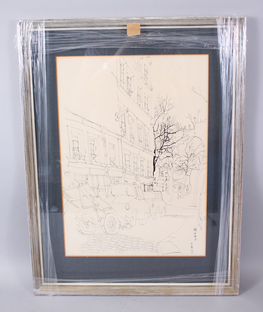 A GOOD 19TH / 20TH CENTURY FRAMED CHINESE DRAWING OF A TOWN SCENE, drawn on paper using ink, the - Image 2 of 6