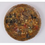 A LATE 19TH CENTURY INDO PERSIAN ALABASTER CIRCULAR DISH, finely painted with many figures at