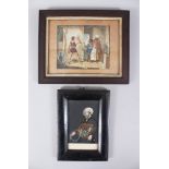 A FRAMED AND GLAZED PERSIAN WATERCOLOUR, the artist a slave drawing a picture, 14cm x 17cm and