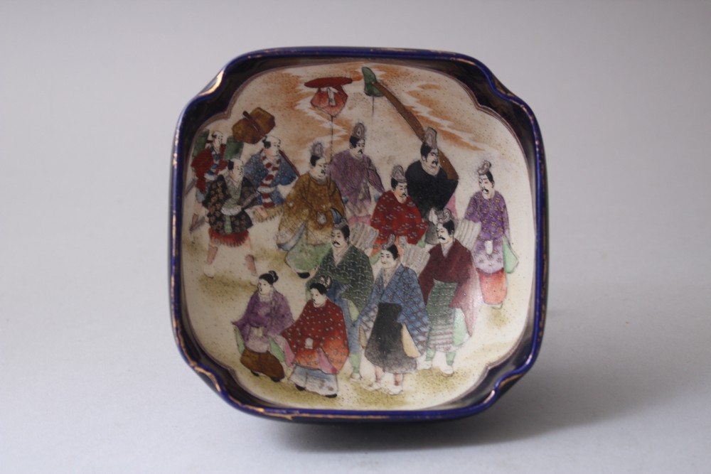 A JAPANESE MEIJI PERIOD SATSUMA BOWL, the blue ground with decorated scenes of figures in parade - Image 2 of 5