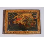 A 19TH CENTURY PERSIAN QAJAR LAQUERED PAPIER MACHE BOOK COVER with a man on horseback slaying a