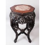 A GOOD 19TH CENTURY CHINESE OCTAGONAL HARDWOOD MARBLE TOP PLANTER / STAND, the top inset with