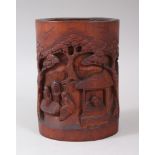 A 19TH / 20TH CENTURY CHINESE BAMBOO CARVED BRUSH POT, with carved relief depicting scenes of