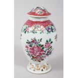 A GOOD 18TH CENTURY CHINESE EXPORT FAMILLE ROSE PORCELAIN TEA CADDY, decorated with scenes of native