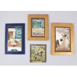 A COLLECTION OF FOUR FINELY PAINTED IVORY PANELS, a young lady with a peacock, three men on