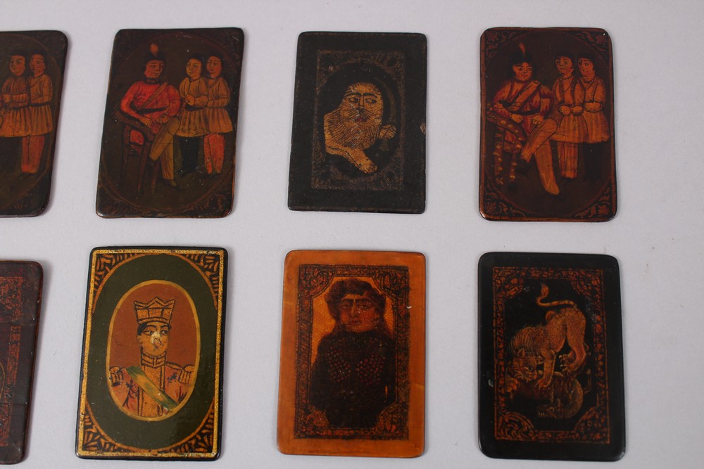 A COLLECTION OF FIFTEEN 19TH CENTURY PERSIAN QAJAR LACQUER PAPIER MACHE PLAYING CARDS - Image 3 of 11