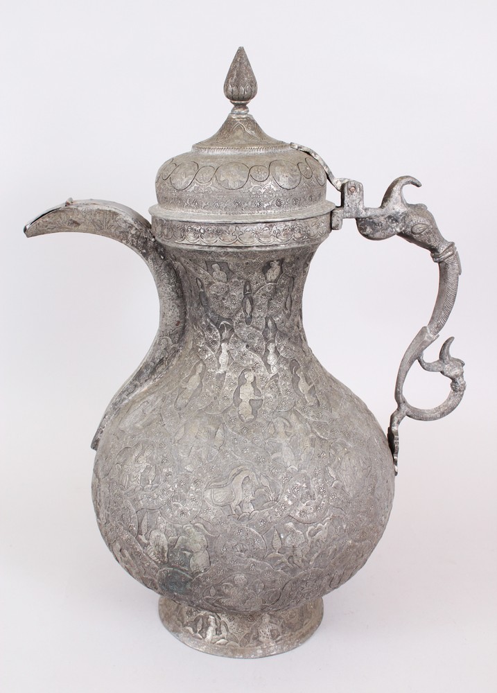 A GOOD 18TH-19TH CENTURY PERSIAN TINNED COPPER JUG with figured decoration.