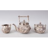 A GOOD LATE 19TH CENTURY CHINESE BAMBOO SOLID SILVER TEA SET BY WAN HING , each item with embossed