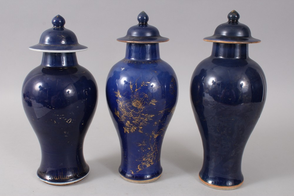 THREE 18TH CENTURY CHINESE POWDER BLUE & GILT PORCELAIN JARS & COVERS, the body of the jars with - Image 2 of 8