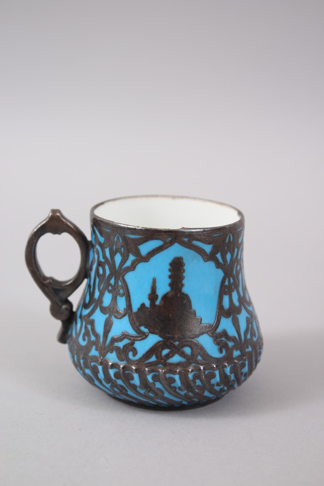 A RARE 19TH CENTURY TURKISH OTTOMAN SILVER OVERLAID YILDIZ BLUE COFFEE CUP, 6cm high. - Image 3 of 5