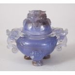 A GOOD LATE 19TH / EARLY 20TH CENTURY CHINESE PURPLE QUARTZ LIDDED KORO AND COVER, the body with two