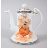 A CHINESE REPUBLICAN STYLE PORCELAIN TEAPOT & COVER DEPICTING LOUHAN, the painted decoration of