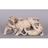 A JAPANESE MEIJI PERIOD IVORY OKIMONO OF A BEAR & A TIGER ATTACKING A BOAR, the details