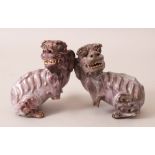 A PAIR OF EARLY 20TH CENTURY CHINESE PURPLE GLAZED SHIWAN STYLE POTTERY LION / FOO DOGS, both