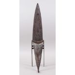 A LARGE 19TH CENTURY SOUTH INDIAN ENGRAVED STEEL HOODED KATAR, 52cm long.