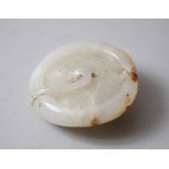 A 19TH CENTURY CHINESE CARVED WHITE JADE TOGGLE / MUSHROOM, carved in the form of a mushroom, with a