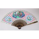A 19TH CENTURY CHINESE CANTONESE LACQUERED WOOD & PAINTED PAPER FAN, the interior decorated with