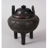 A GOOD 19TH CENTURY OR EARLIER CHINESE BRONZE TRIPOD CENSER, the body with geometric design, the