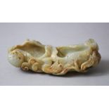 A GOOD 18TH / 19TH CENTURY CHINESE CARVED JADE TWIN BRUSH WASHER, carved in the form of an open