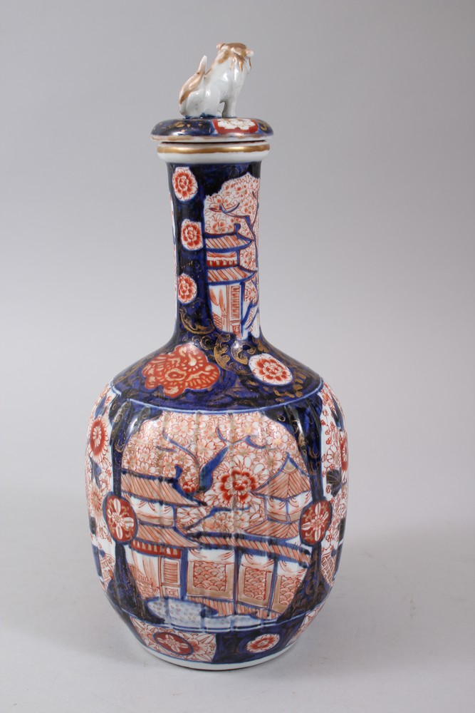 A JAPANESE MEIJI PERIOD FLUTED PORCELAIN IMARI BOTTLE VASE & COVER, then body of the vase with - Image 2 of 7