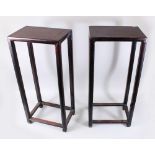 A GOOD PAIR OF 19TH CENTURY CHINESE HARDWOOD SIDE TABLES, 76.7cm high x 34.5cm wide x 24cm deep.
