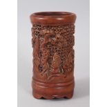 A GOOD 19TH CENTURY CHINESE BAMBOO CARVED CYLINDRICAL BRUSH POT, the body of the brush pot with