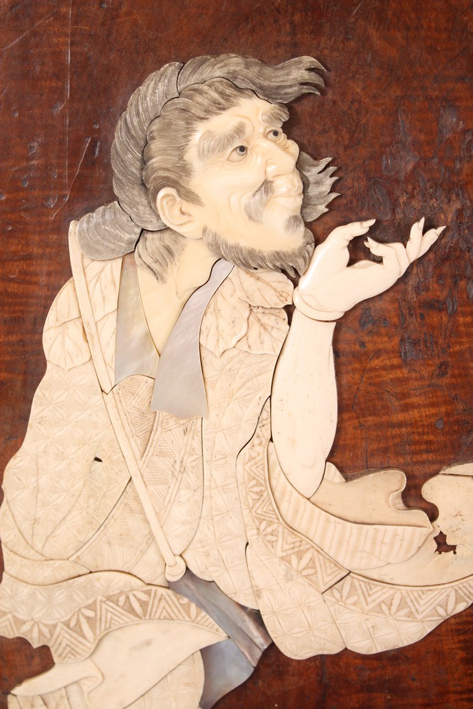 A GOOD JAPANESE MEIJI PERIOD SHIBAYAMA IVORY INLAID PANEL, the panel with carved & stained ivory and - Image 2 of 4