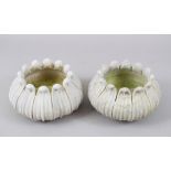 A GOOD PAIR OF INDIAN MARBLE LOTUS FLOWER URNS / JARDINIERES, 12.5cm high x 20cm diameter.