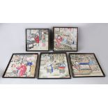 FIVE CHINESE 19TH CENTURY FRAMED PAINTINGS ON PAPER, each depicting different scenes of figures