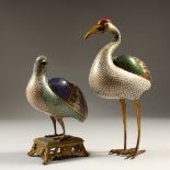 A PAIR OF 19TH CENTURY CHINESE CLOISONNE BIRD / CRANE INCENSE BURNERS, one stood upon a bronze