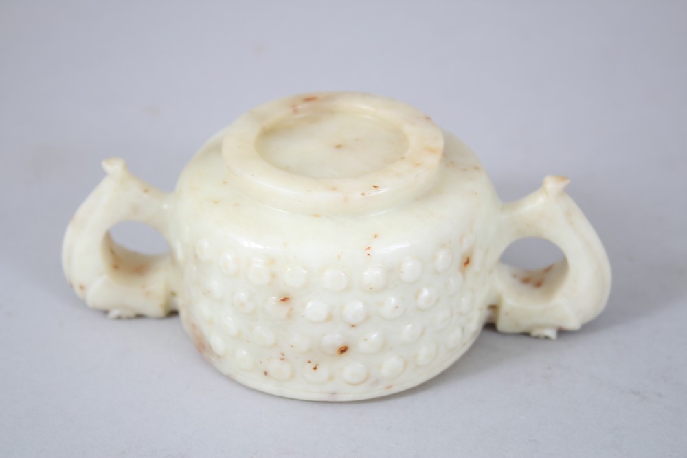A 20TH CENTURY CHINESE ARCHAIC STYLE JADE / SOAPSTONE MING STYLE CUP, 13.5cm wide including handles, - Image 6 of 6