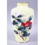 A GOOD JAPANESE MEIJI / TAISHO PERIOD CLOISONNE FLORAL VASE BY ANDO, the yellow ground decorated