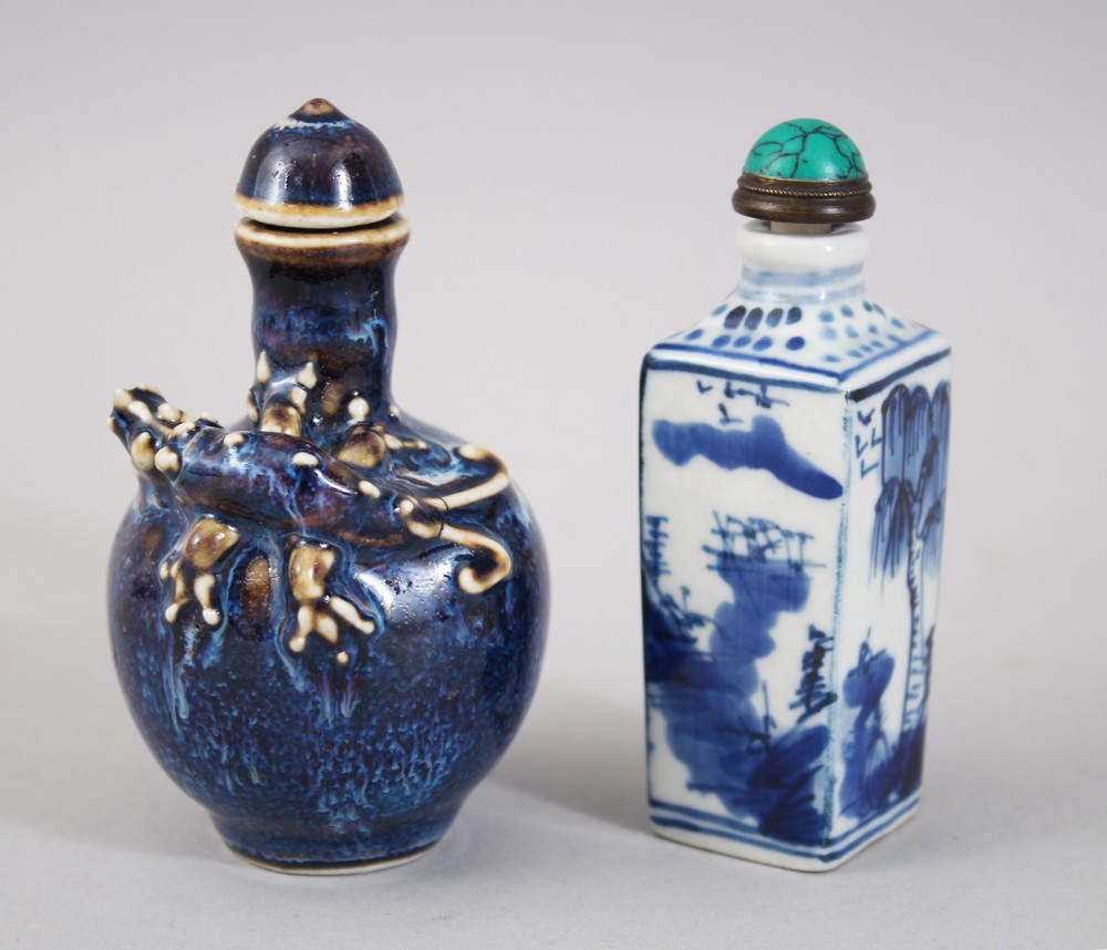 TWO CHINESE PORCELAIN SNUFF BOTTLES, one bottle shaped upon blue flambe style ground with a