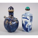 TWO CHINESE PORCELAIN SNUFF BOTTLES, one bottle shaped upon blue flambe style ground with a