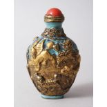 A GOOD 19TH CENTURY QIANLONG STYLE CHINESE ROBINS EGG PORCELAIN SNUFF BOTTLE, with moulded and