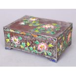 AN EARLY 20TH CENTURY CHINESE ENAMELLED & SILVERED METAL RECTANGULAR BOX, with a hinged cover,