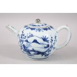 A CHINESE BLUE AND WHITE KANGXI PORCELAIN TEAPOT & COVER, the body of the pot with floral and