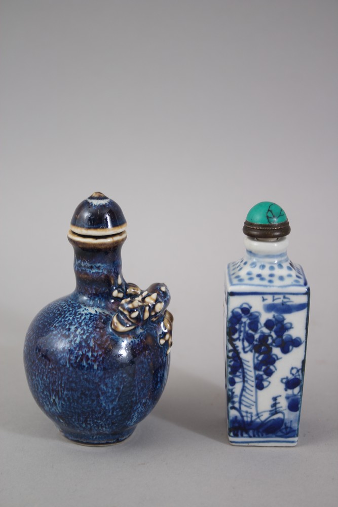 TWO CHINESE PORCELAIN SNUFF BOTTLES, one bottle shaped upon blue flambe style ground with a - Image 2 of 5