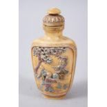 A VERY GOOD 19TH CENTURY CHINESE CARVED IVORY AND POLYCHROMED DECORATION SNUFF BOTTLE, the body of