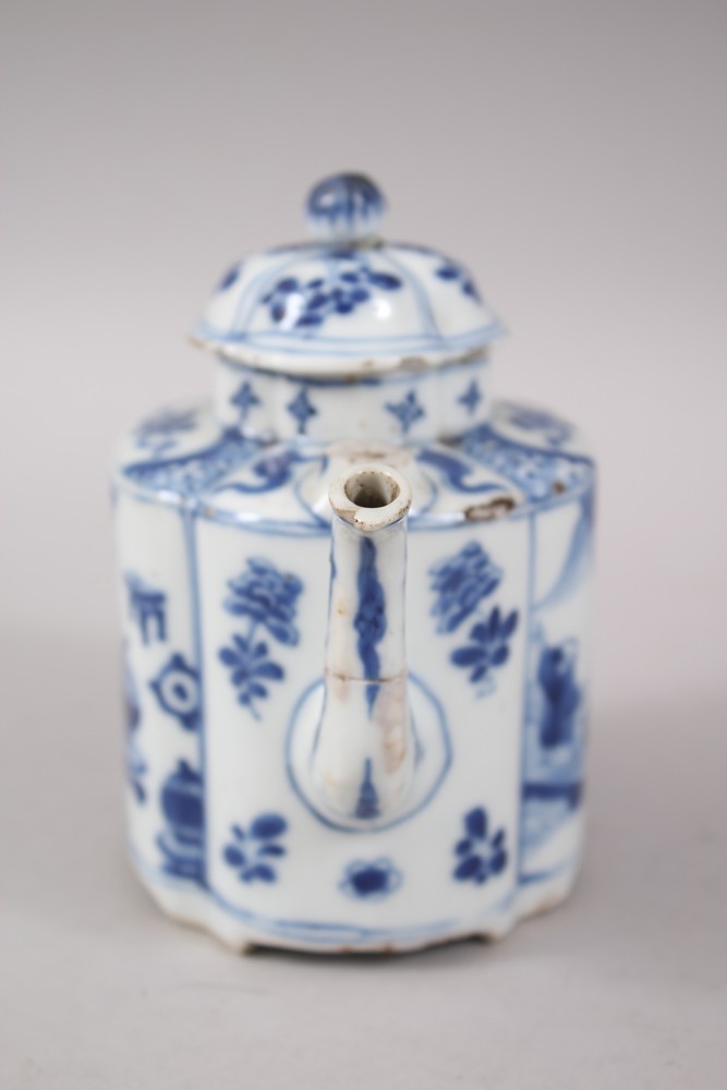 A CHINESE KANGXI BLUE AND WHITE PORCELAIN TEAPOT & COVER, with various painted panels depicting - Image 2 of 5