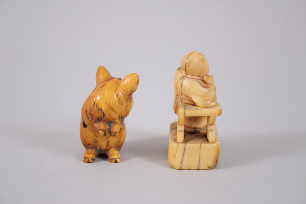 A GOOD JAPANESE EDO PERIOD IVORY NETSUKE OF A SAGE, 4cm high x 3.2cm wide, together with a carved - Image 2 of 4