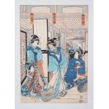 A GOOD JAPANESE EDO / MEIJI PERIOD UKIYO-E / WOOD BLOCK PRINT BY KUNISADA, the print of four