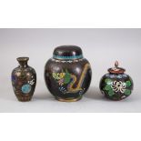 A MIXED LOT OF ORIENTAL CLOISONNE VASES / JAR, consisting of two lidded jars and one smaller vase,